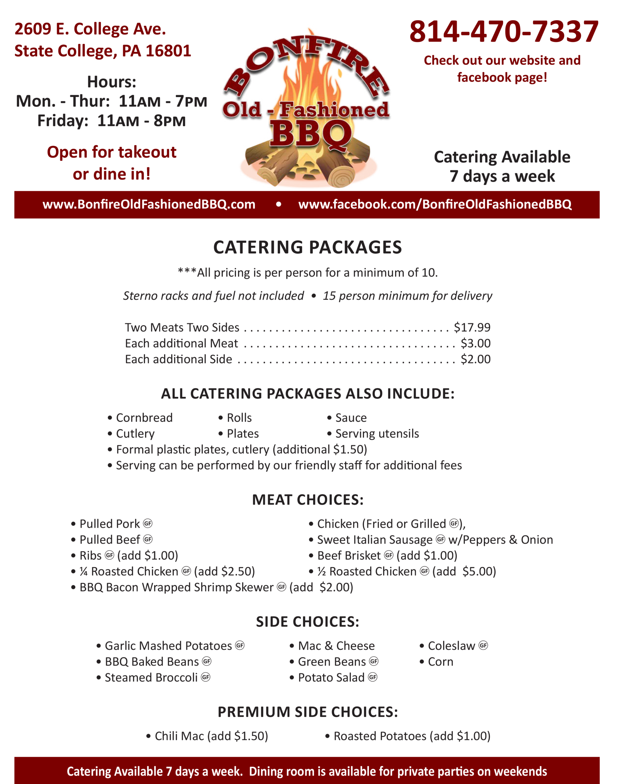 Bonfire Old Fashioned BBQ Catering menu